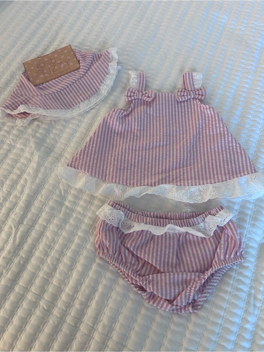 just Lizzy Pink Seersucker Gingham Striped Dress & Bloomer Sunhat. Size 6/9M